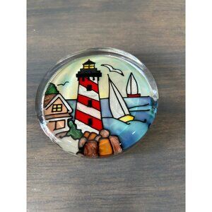 Vintage Joan Baker Stained Glass Lighthouse Sailboat Paperweight Hand Painted